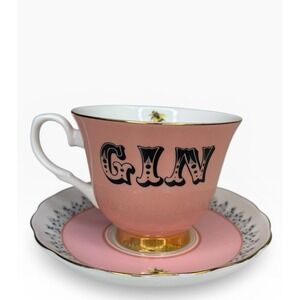Anthropologie YVONNE ELLEN Vintage Style Boozy Gin Teacup and Saucer Pink Bee